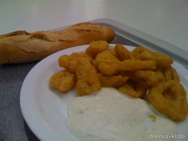 Gebackene Calamaresringe mit Dill-Limetten-Mayonnaise (1) und Baguette