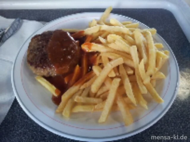 Curry-Frikadelle (S/R) mit Pommes-Frites und Salat