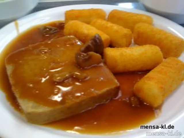 Hackbraten (S/3/4) mit Pilzsoße, Kroketten (1) und Salat