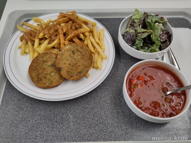 Hirse-Käse-Schnitte (Gl,Ei,La,Sl) mit Zwiebel-Sahnesoße (Gl,La), Pommes frites und Salat
