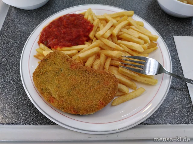 Gemüse-Knusperschnitzel (Gl,Sl) mit Pusztasoße (9,Gl,Sl), Pommes frites und Salat