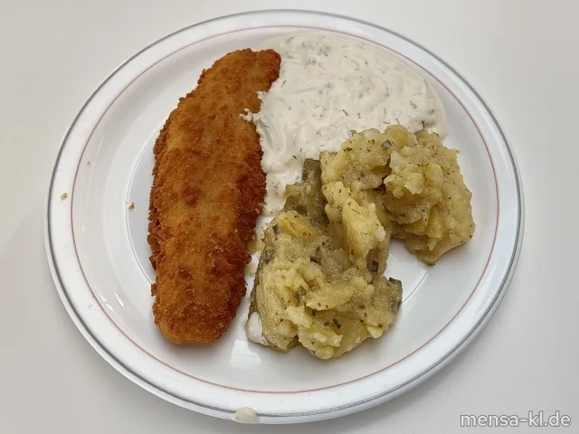 Paniertes Seelachsfilet (1,5,Fi,Gl,Sw,Sl,Sf) mit Joghurt-Remouladen-Dip (1,9,Gl,Ei,La,Sf), Kartoffelsalat (1,5,9,Gl,Ei,La,Sw,Sf) und Salat
