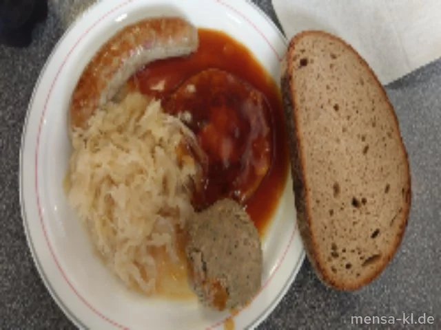 Pfälzer Liebling: Grillbratwurst (8,S), Saumagen (2,8,Ei,S), Leberknödel (Gl,Ei,S) mit Bratensoße (Gl,Sf), Sauerkraut (5,Sw,A) und Bauernbrot (Gl)