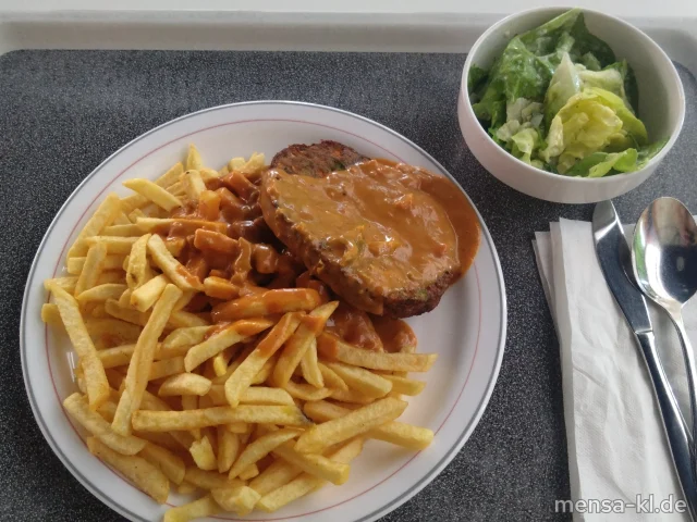 Vollkorn-Gemüse-Bratling (Gl,Ei,Sl) mit Paprika-Zwiebel-Sahnesoße (Gl,La), Pommes frites (Gl) und Salat (5,Sw)