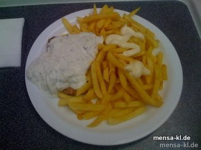 Schweinerückensteak "Gyros Art" mit Tzatziki und Pommes-Frites
