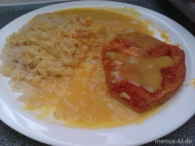 Truthahnsteak mit Früchte-Curry-Soße und Reis