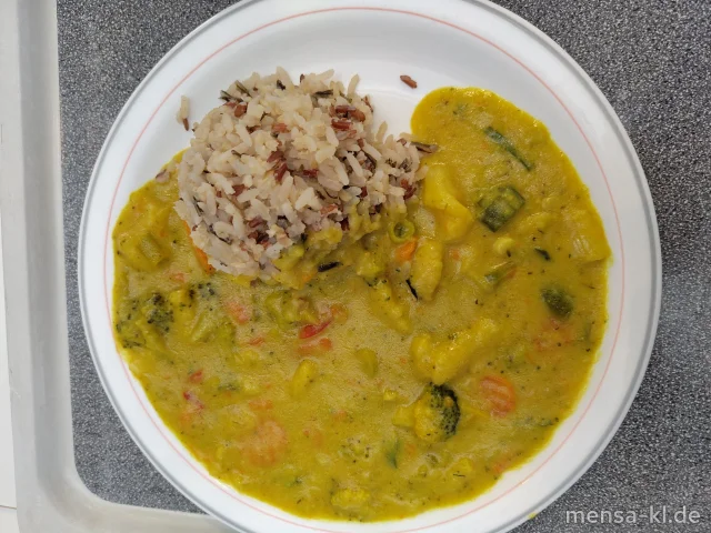 Gemüsecurry in Soja-Soße (1,Gl,Sf,So), dazu Reis mit Wildreis und Salat