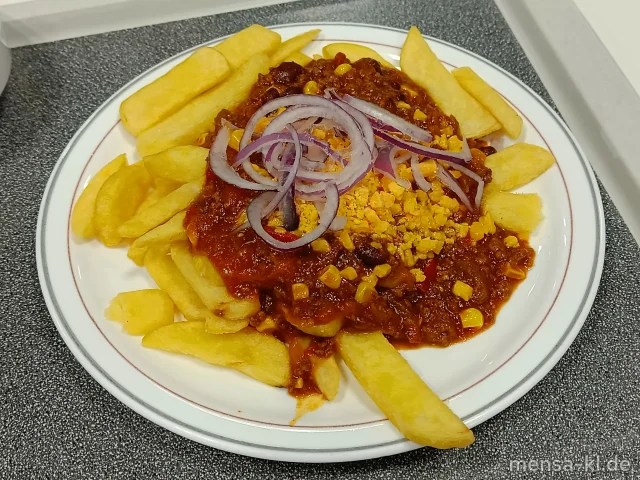 Große Portion Steakhouse-Fries mit hausgemachtem Chili con Carne (R), geriebenem Cheddar (1,La), roten Zwiebeln und Coleslaw (1,5,9,Gl,Ei,La,Sw,Sf)