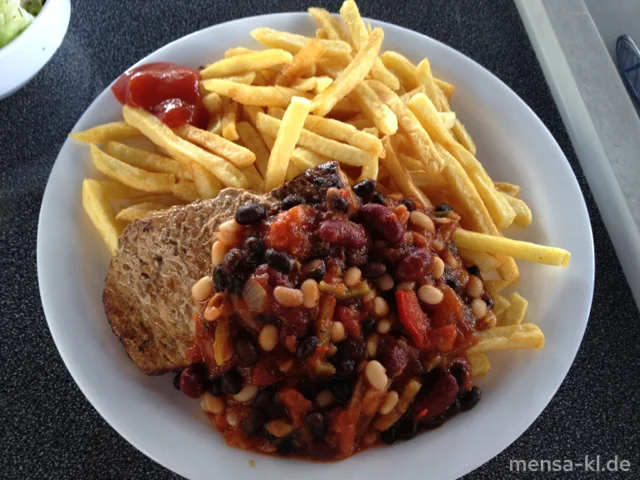 Schweinerückensteak (S) mit feurigen Bohnen, Pommes-Frites und Salat