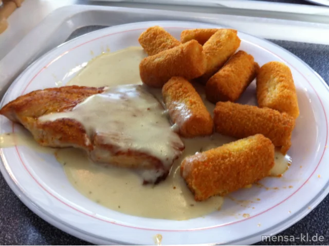 Truthahnsteak (G) mit Frischkäse-Kräutersoße und Kroketten (1)