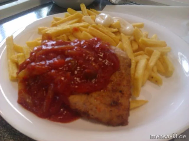 Schweinerückensteak "Mexiko" mit feuriger Soße, Pommes-Frites und Salat