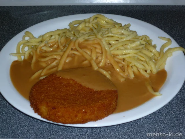 Blumenkohlkäse-Medaillon (Gl,Ei,La,V) mit Rahmsoße (9,Gl,La,Sf,V), Spätzle (1,Gl,Ei,V) und Salat (V)