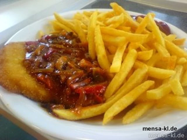 Schweineschnitzel mit Zigeunersoße (9), Pommes-Frites und Salat