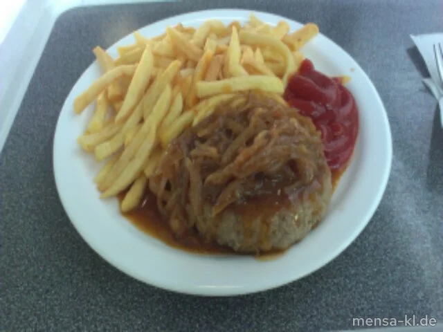 Frikadelle (R,S) mit Schmorzwiebelsoße und Pommes-Frites