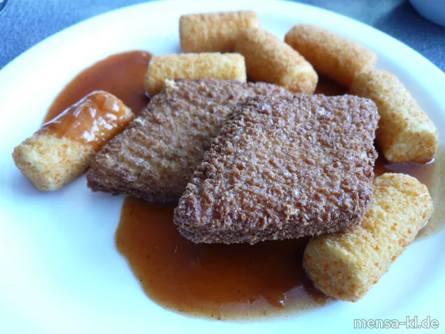 Hirse-Käse-Schnitte (V) mit Kroketten (1,V) und Salat (V)