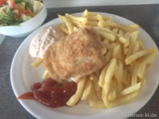 Gebackenes Hokifilet (1,3,F) mit Cocktail-Dip (1), Pommes frites und Salat