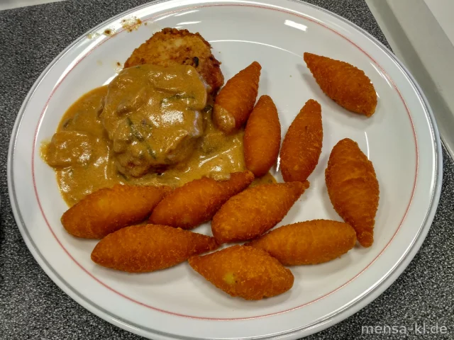 Schweinerückensteak (Gl,S) mit Champignon-Rahmsoße (Gl,La,Sf,A), Kroketten (Gl) und Salat