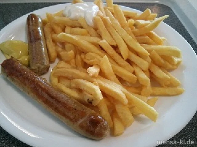 Vegetarische Bratwurst (V) mit Pommes-Frites (V) und Salat (V)