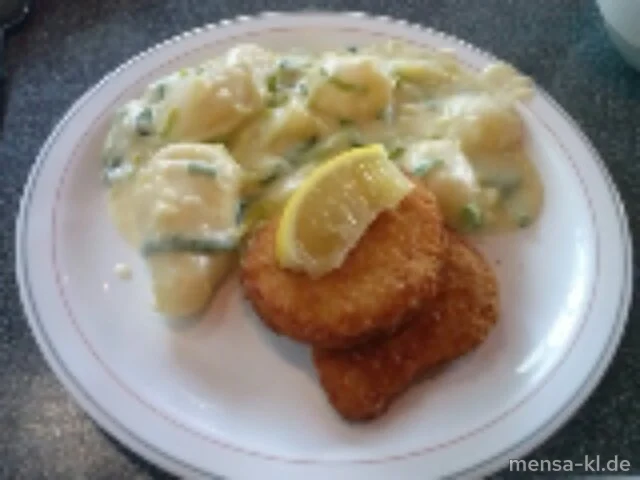 Schnitzel "Valess" (V) mit Béchamel-Lauchkartoffeln (V,A) und Salat (V)