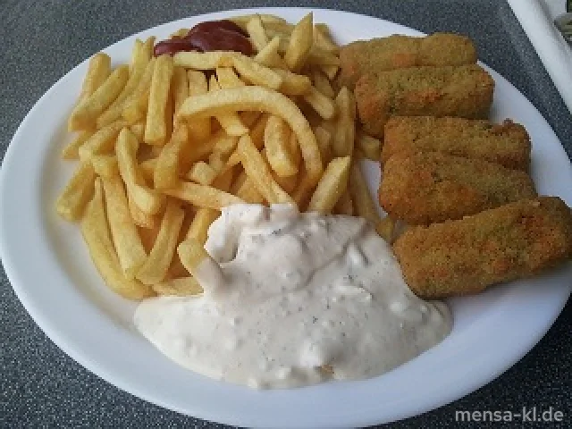 Gemüsestäbchen mit Remouladen-Dip (1), Pommes-Frites und Salat