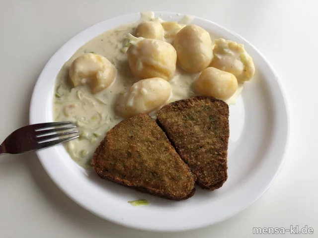 Hirse-Käse-Schnitte (Gl,Ei,La,Sl,V) mit Béchamel-Lauchkartoffeln (Gl,La,V) und Salat (V)