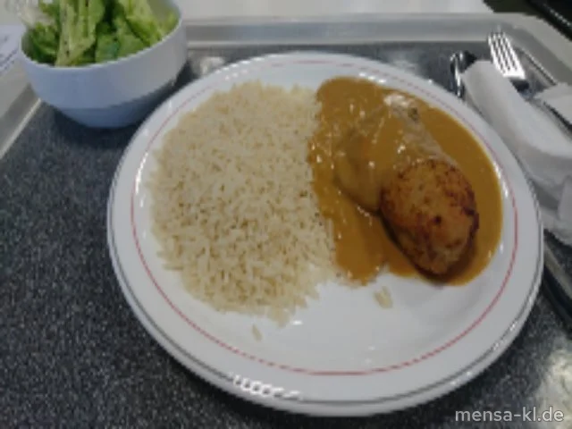 Hähnchenbrustfilet (G) mit Rahmsoße (La,Sf), Reis und Salat