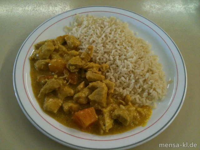 Putencurry (G) mit Früchten, Reis und Salat