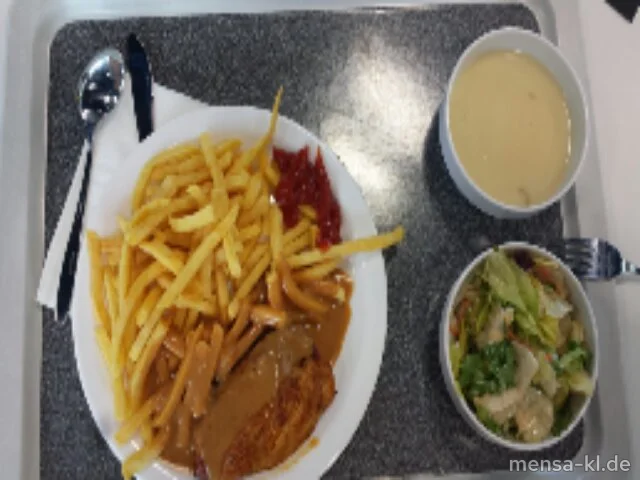 Putenbrustfilet (G) mit Rahmsoße (9,Gl,La,Sf), Pommes frites und Salat