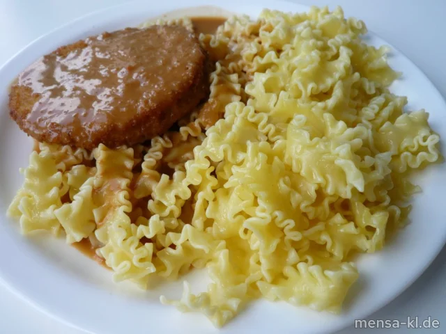 Blumenkohl-Käse-Medaillon (Gl,Ei,La,V) mit Rahmsoße (9,Gl,La,Sf,V), Eiernudeln (1,Gl,Ei,V) und Salat (V)