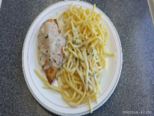 Hähnchenbrustfilet (G) mit Kräuter-Rahmsoße (Gl,La,Sf), Spätzle (1,Gl,Ei) und Salat