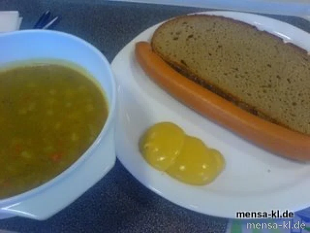 Erbseneintopf mit einem Wiener Würstchen (S/R/2/3/4) und Bauernbrot