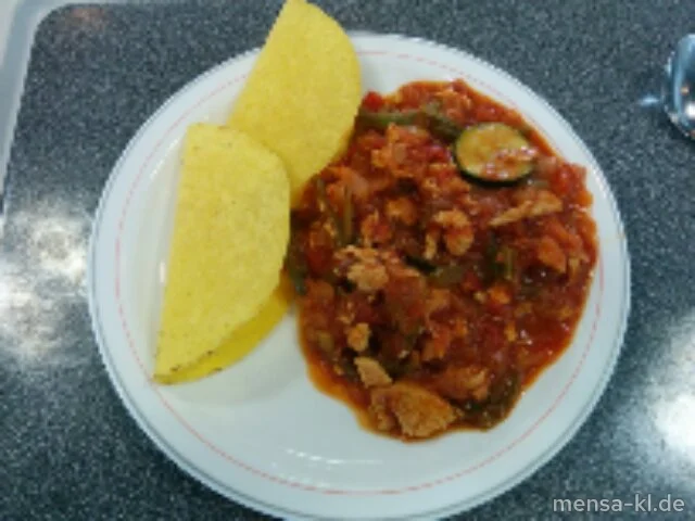 "Fajita Pueblo": Geschnetzeltes Hähnchenfleisch mit Paprika, Zucchini und Zwiebeln (2,9,Gl,Sl,So,G), Tacco-Shells