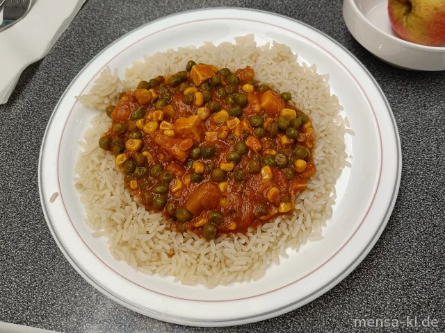 Bowl Food: Gedämpfter Reis mit Kardamom, Erbsen, Mais, Zitronengras und Ingwer (1,5,Sw,Se), dazu ein Apfel