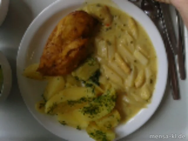 Gegrilltes Hähnchenbrustfilet (G) mit Spargelragout, Petersilienkartoffeln und Salat