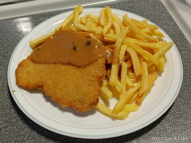Paniertes Schweineschnitzel (Gl,Ei,S) mit Pfefferrahmsoße (Gl,La,Sf), Pommes frites und Salat (Sl)