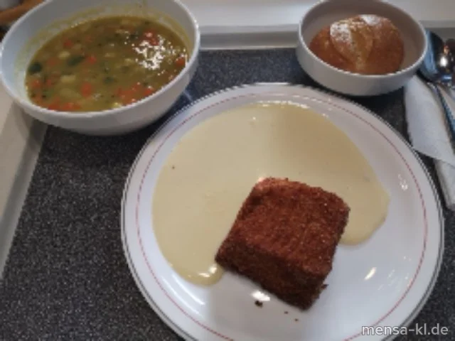 Erbseneintopf (5,La,Sw,Sl,V), Rostige Ritter (1,Gl,Ei,La,So,V) mit Vanillesoße (La,V) und einem Bio-Weizenbrötchen (Gl,So,V)