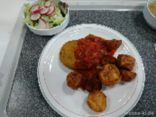 Gemüseschnitzel (Gl,Ei,La,Sl,V) mit Paprika-Tomatensoße (Gl,V), Steakhouse-Frites (V) und Salat (V)
