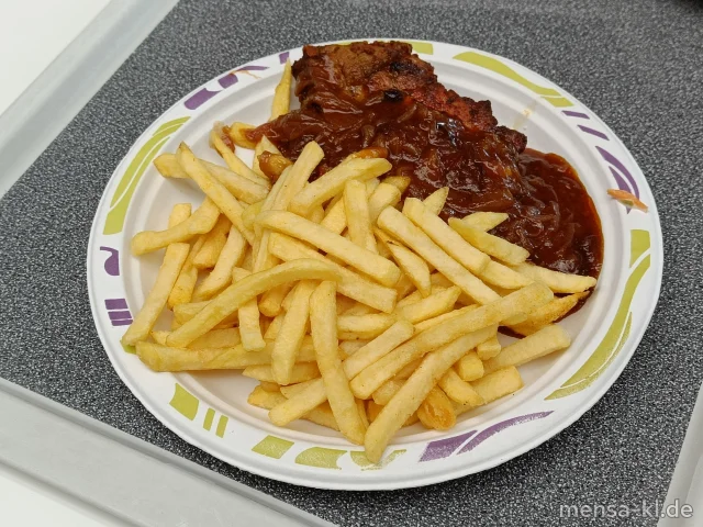 Schwenksteak (4,Sl,Sf,S) mit Zwiebelsoße (Sf), Pommes-Chips und einen Beilagensalat nach Wahl