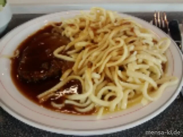 Rindersauerbraten (1,5,Gl,Sw,Sl,Sf,A,R) mit Spätzle (1,Gl,Ei) und Salat