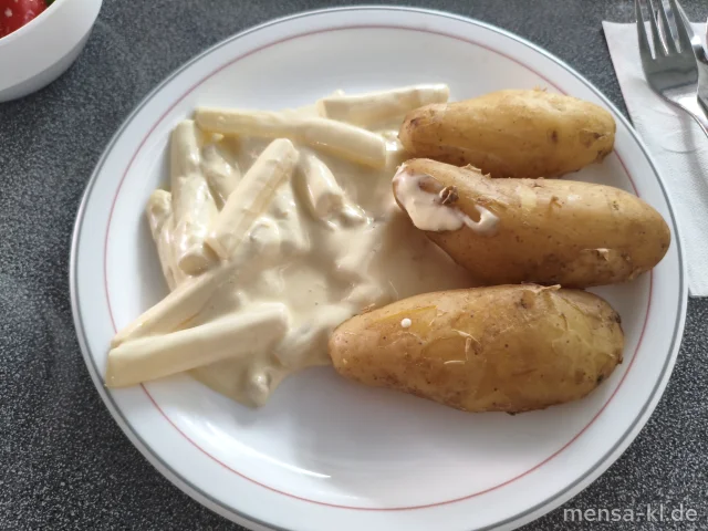 Pfälzer Spargel mit veganer Hollandaise (1,Sf,So), neue Kartoffeln und Salat