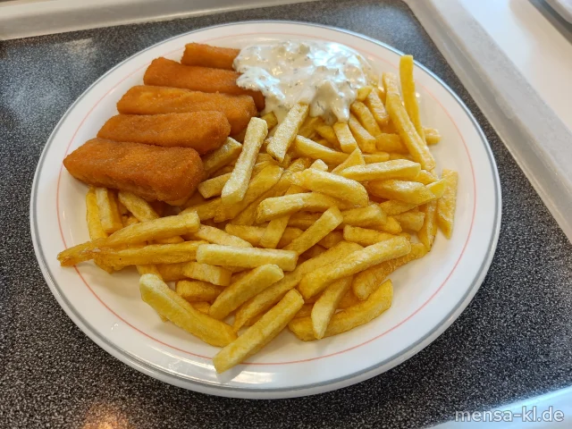 Fischstäbchen (Fi,Gl) mit Joghurt-Remouladen-Dip (1,9,Gl,Ei,La,Sf), Pommes frites und Gurken-Dill-Salat (1,3,5,Ei,La,Sw,Sf)