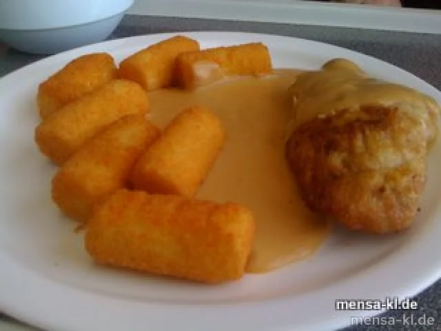 Truthahnsteak mit Orangen-Sahnesoße, Kroketten (1) und Salat
