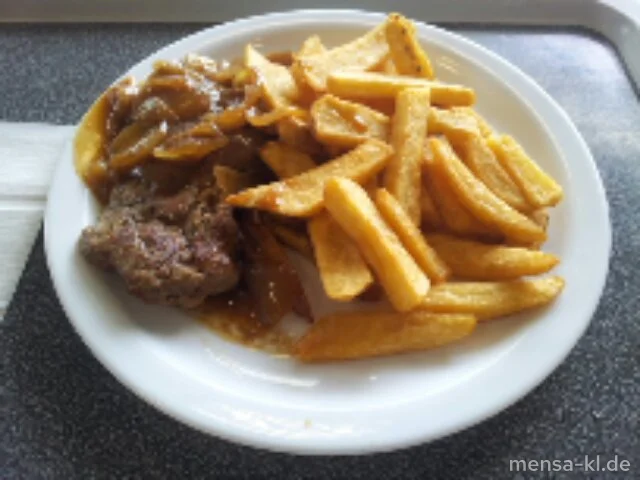 Holzfällersteak vom Schweinekamm (S) mit Schmorzwiebeln und Rustic-Frites