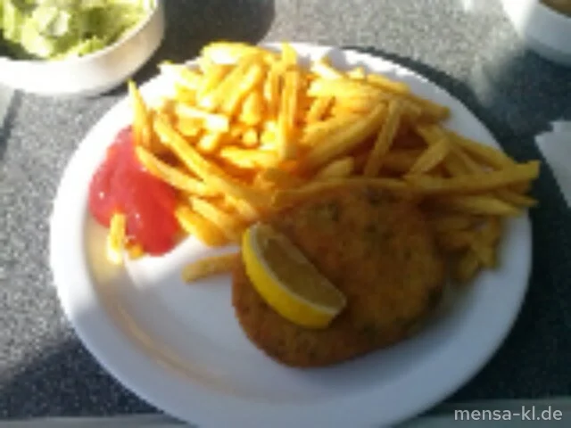 Gemüseschnitzel (V,Lfrei,V+) mit Pommes frites (V,Lfrei,V+) und Salat (V,Lfrei,V+) | Laktosefrei | Vegan