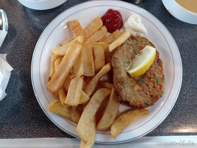 Vollkorn-Pilz-Bratling (Gl,Ei,Sl), Zitrone (1,9,Gl,Ei,Sl,Sf), Pommes frites und Salat