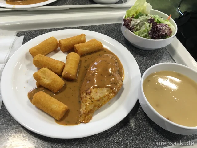 Hähnchenbrustfilet (G) mit Kräuter-Rahmsoße (Gl,La,Sf), Kroketten (Gl) und Salat