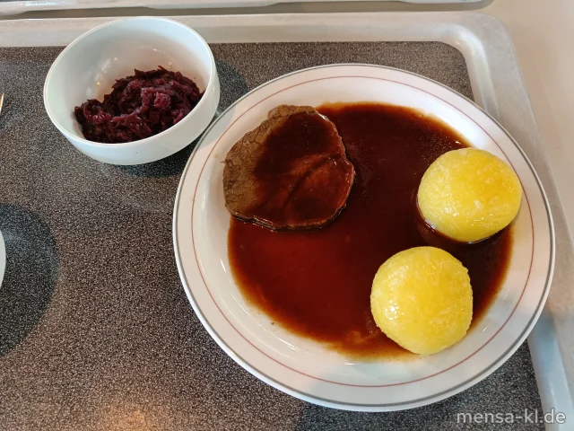 Rinderbraten (R) mit Burgundersoße (5,Sw,A,R), Kartoffelknödel (5,Sw) und hausgemachtem Apfelrotkraut (1,3,5,Sw,A)