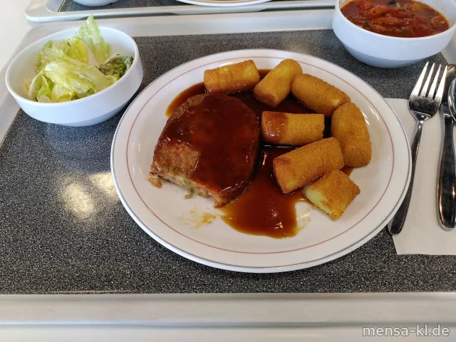 Vollkorn-Pilz-Bratling (Gl,Ei,La,Sl,Se) mit Bratensoße (1,Gl,Sf), Kroketten (Gl) und Salat