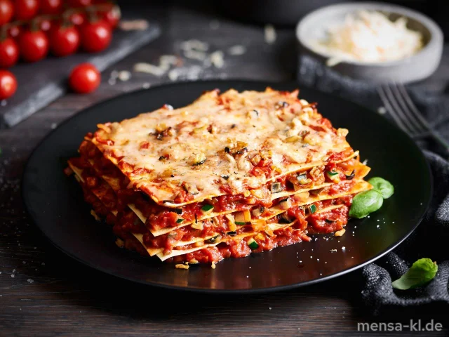 Gemüselasagne: (V) Mit einer mediterranen Tomaten-Gemüsesauce, mit Käse überbacken und 2 Scheiben Barosso. [➡️<a href="https://goo.gl/maps/2jHdwa653nAag3s27">Trippstadter Straße 125</a>]
