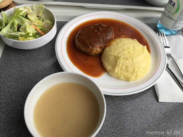 Pfälzer Fleischküchle (Gl,Ei,S) mit Bratensoße (Gl,Sf), Grumbeer-Stampes (5,La,Sw) und Salat
